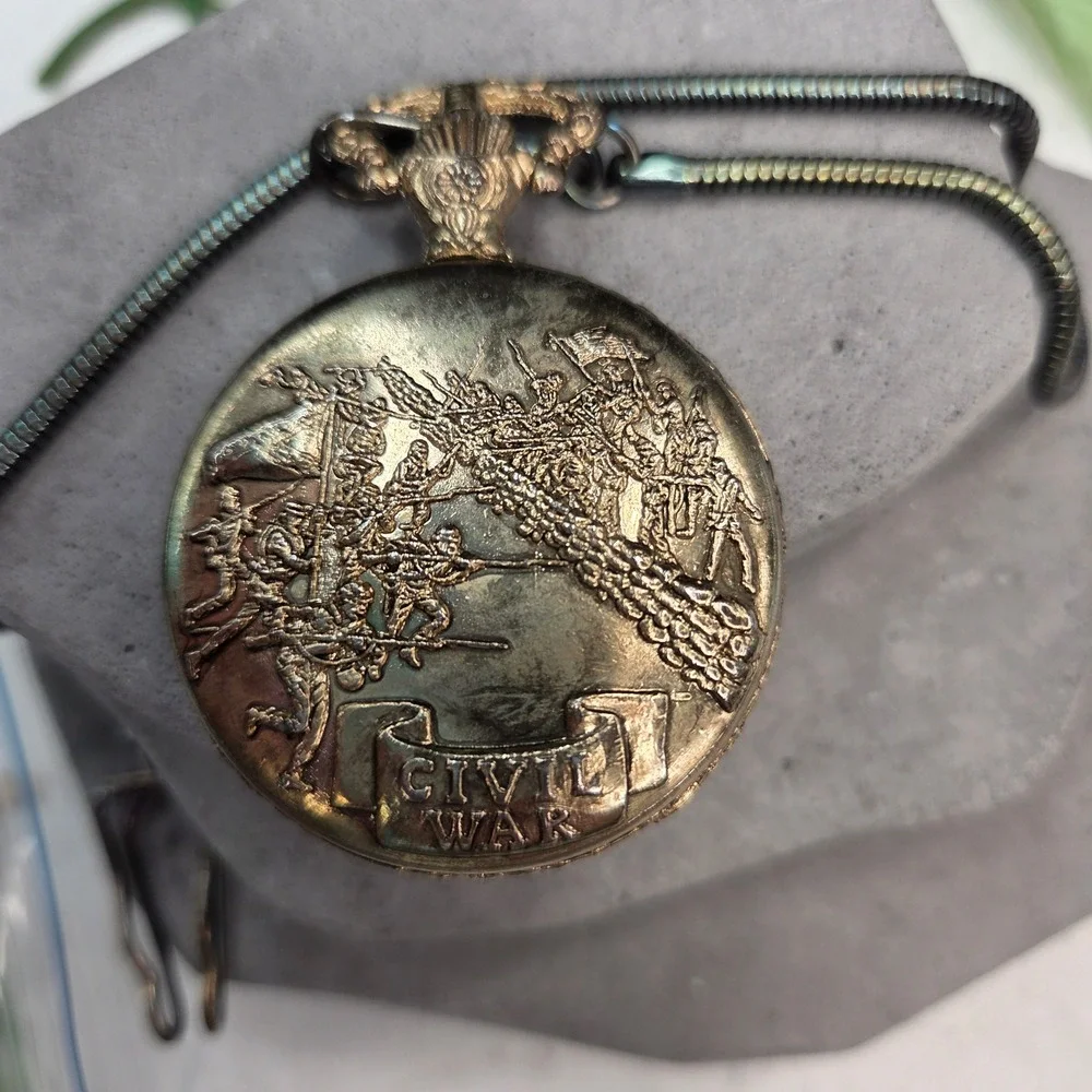 Luxury Civil War Commemorative Pocket Watch Lee Grant Bronze Tone Snake Chain